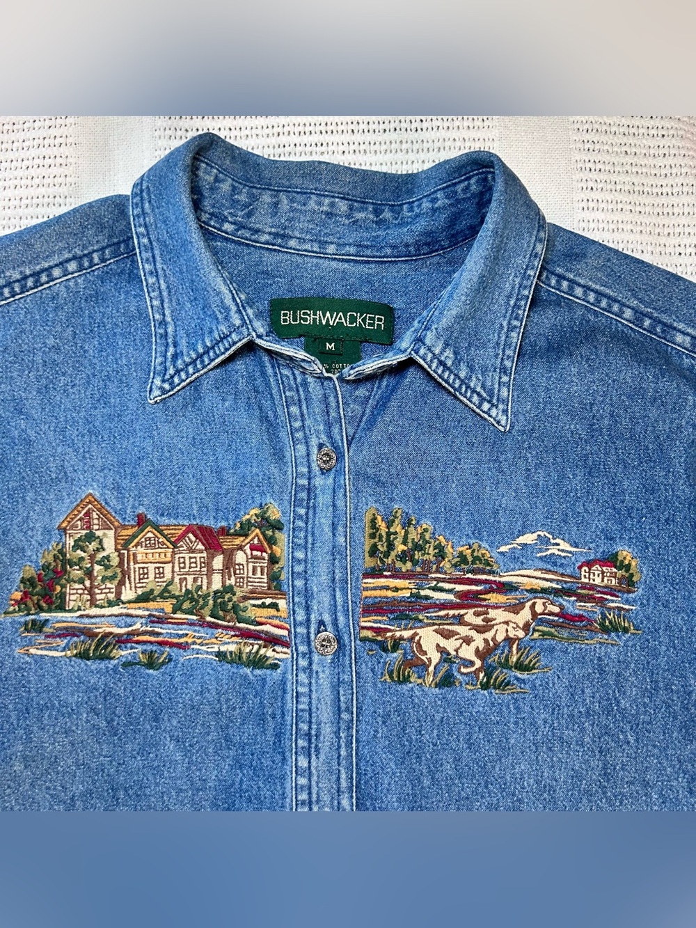 Vintage 90’s Demin Longsleeve Women’s M Shirt Embroidered Landscape Pointer Dogs
